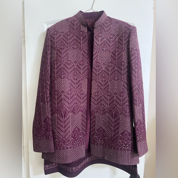 Purple Patterned Indowestern Jacket Kurta Set - Picture 1 of 3